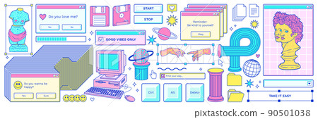 Neon old computer aestethic. Retro pc elements, user interface, psychedelic greek sculpture, smile, planet, windows, icons in trendy y2k retro style. Vector illustrations. Nostalgia for 1990s -2000s. 90501038