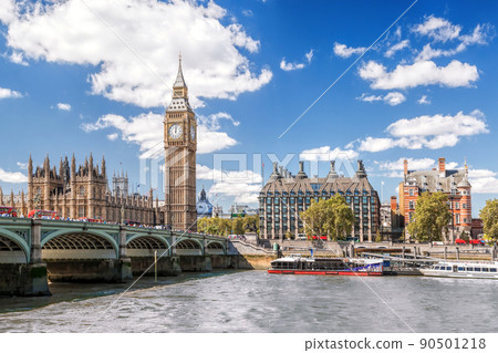 Famous Big Ben with bridge over Thames and tourboat on the river in London, England, UK Famous Big Ben with bridge over Thames and tourboat on the river in London, England, UK 90501218