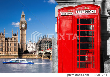 London symbols with BIG BEN and red Phone Booths in England, UK London symbols with BIG BEN and red Phone Booths in England, UK 90501231