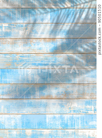 Blue wooden deck, shade of palm trees, cool summer image 90501510