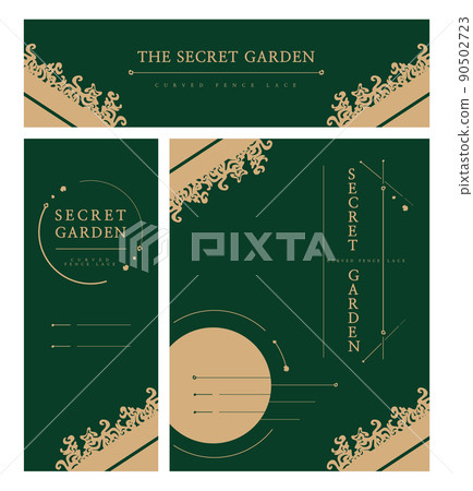 以秘密花園為主題的帶有弧形柵欄花邊的橫幅、卡片等設計模板。 90502723