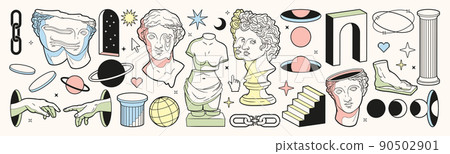 Greek ancient statues and surreal elements in trendy psychedelic weird style. 90502901