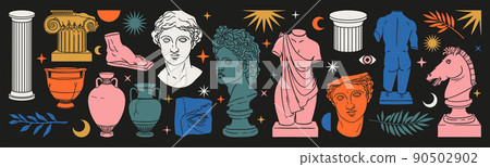 Greek ancient sculpture set. Vector hand drawn illustrations of antique classic statues in trendy modern style. Greek ancient sculpture set. Vector hand drawn illustrations of antique classic statues in trendy modern style. 90502902