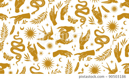 Boho mystical seamless pattern with hands, snakes, moon, sun, bird, moth in trendy bohemian celestial style. 90503186