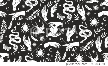 Boho mystical seamless pattern with hands, snakes, moon, sun, bird, moth and floral elements in trendy tattoo style. Boho mystical seamless pattern with hands, snakes, moon, sun, bird, moth and floral elements in trendy tattoo style. 90503191