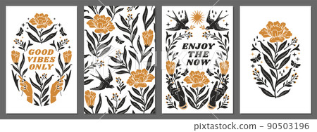 Boho mystical posters with inspirational quotes about energy, magic and good vibes in trendy bohemian tattoo style. 90503196