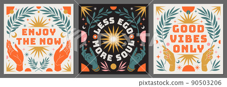 Boho mystical posters with inspirational quotes about energy, magic and good vibes in trendy bohemian style. 90503206