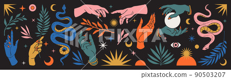 Abstract mystical set with hands, snakes, moon, sun, magic, leaves, floral elements in trendy bohemian celestial style. Abstract mystical set with hands, snakes, moon, sun, magic, leaves, floral elements in trendy bohemian celestial style. 90503207