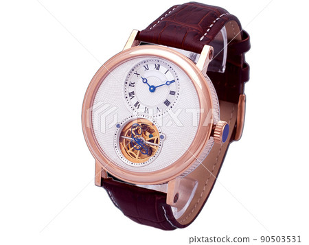 gold wrist watch with a textured dial and mechanism details with gears, a watch with a brown leather bracelet isolated object on a white background, nobody. gold wrist watch with a textured dial and mechanism details with gears, a watch with a brown leather bracelet isolated object on a white background, nobody. 90503531