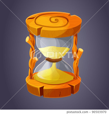 Wooden hourglass icon, asset with glass and sand, sand glass or stopwatch in cartoon style. Ui game decoration. 90503970
