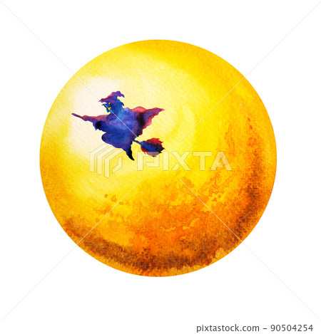 witch flying halloween night yellow full moon party watercolor painting hand drawn 90504254