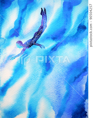 human diving in abstract deep blue ocean sea, cloud sky of mind, soul, watercolor painting hand drawing design illustration human diving in abstract deep blue ocean sea, cloud sky of mind, soul, watercolor painting hand drawing design illustration 90504257