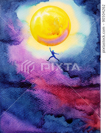 human jump high up to catch bright yellow ful moon in dark sky night, dream illustration watercolor painting design human jump high up to catch bright yellow ful moon in dark sky night, dream illustration watercolor painting design 90504262