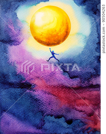 human jump high up to catch bright yellow ful moon in dark sky night, dream illustration watercolor painting design human jump high up to catch bright yellow ful moon in dark sky night, dream illustration watercolor painting design 90504263