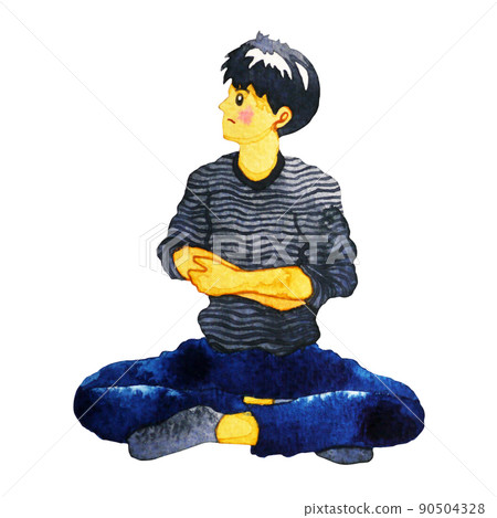 young teenager boy sitting watercolor painting hand drawing young teenager boy sitting watercolor painting hand drawing 90504328