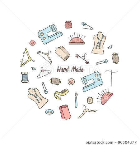 Tools for sewing and needlework. Doodle icon set tailoring, vector illustration thread needles mannequin sewing machine hangers buttons Tools for sewing and needlework. Doodle icon set tailoring, vector illustration thread needles mannequin sewing machine hangers buttons 90504377