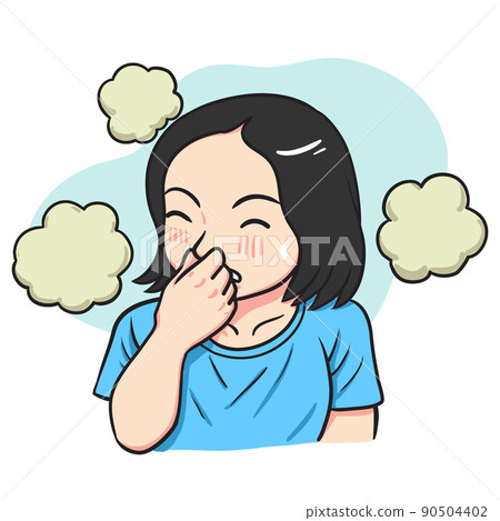 Girl teenager cartoon character covering nose Girl teenager cartoon character covering nose 90504402