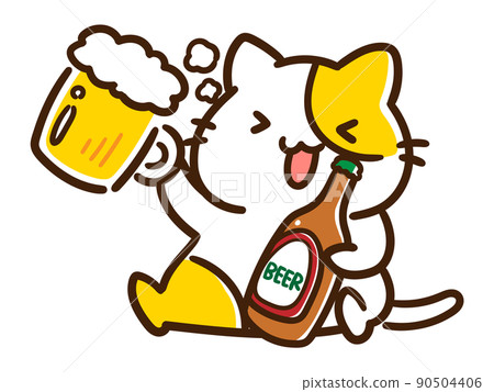 一隻可愛的貓一隻手喝啤酒瓶的變形插圖 一隻可愛的貓一隻手喝啤酒瓶的變形插圖 90504406