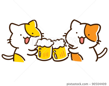 Deformed illustration of a cute cat toasting with draft beer Deformed illustration of a cute cat toasting with draft beer 90504409