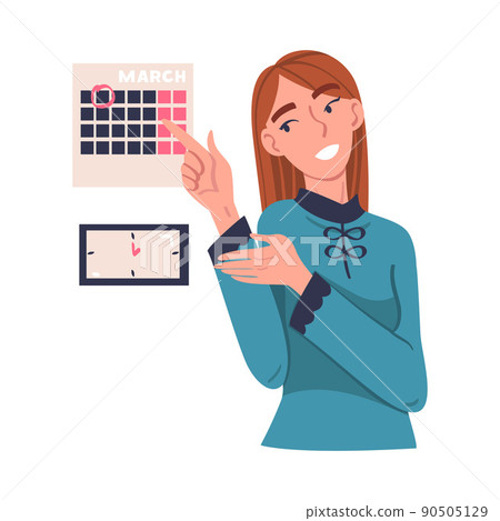 Woman Character with Marked Date on Calendar Planning Time and Managing Schedule Vector Illustration Woman Character with Marked Date on Calendar Planning Time and Managing Schedule Vector Illustration 90505129