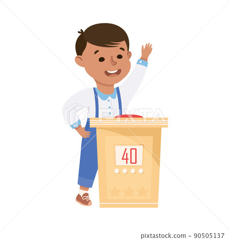 Little Boy Playing Quiz Game or Mind Sport Standing at Press Button Answering Question Vector Illustration Little Boy Playing Quiz Game or Mind Sport Standing at Press Button Answering Question Vector Illustration 90505137