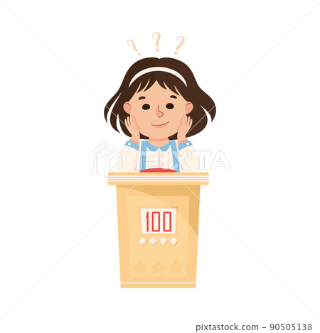 Little Girl Playing Quiz Game or Mind Sport Standing at Press Button Answering Question Vector Illustration 90505138