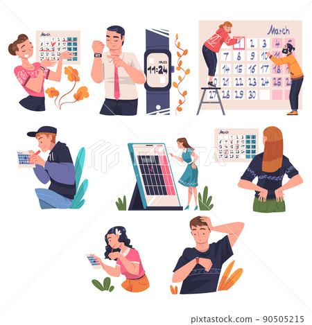 People Character Planning Time and Event Marking Date on Calendar and Managing Schedule Vector Set 90505215