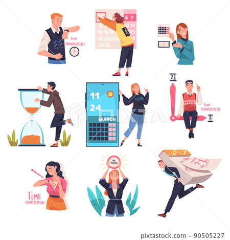 People Character Planning Time and Event Marking Date on Calendar and Managing Schedule Vector Set 90505227