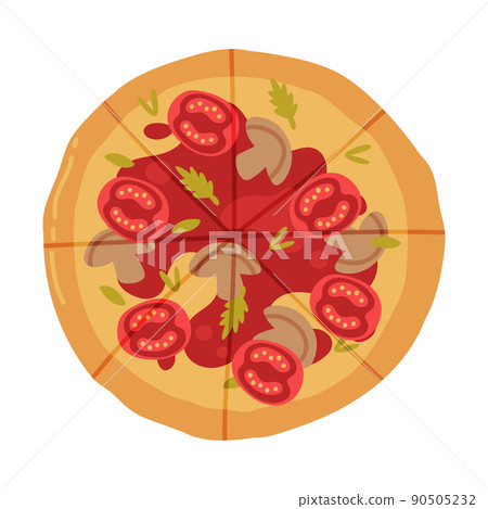 Appetizing Italian Pizza as Round Hot Dough Topped with Tomato and Mushroom Above View Vector Illustration 90505232
