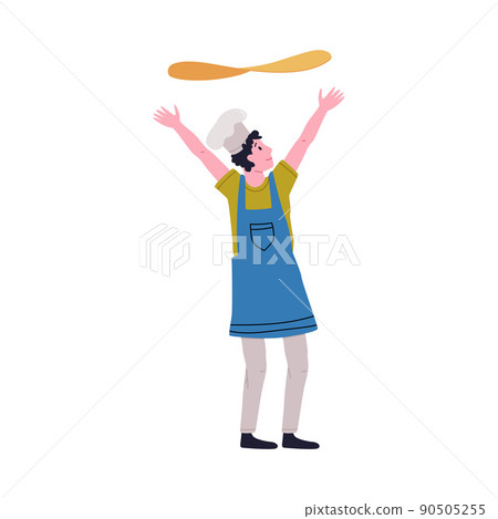 Man Pizzaiolo in Toque Throwing Dough in the Air Cooking Pizza Vector Illustration 90505255