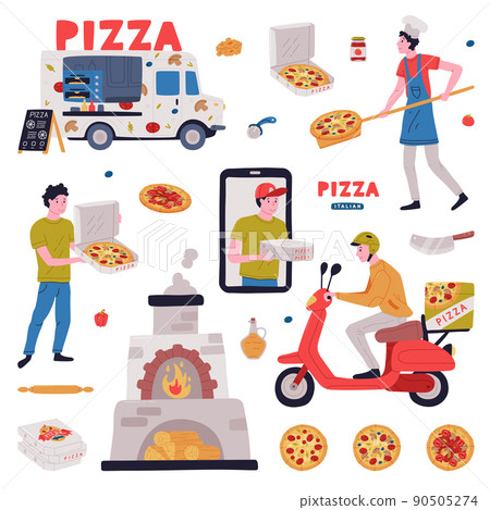 Italian Pizza Cooking and Delivery Service with Wood-fired Oven, Pizzaiolo and Courier on Scooter Vector Set 90505274