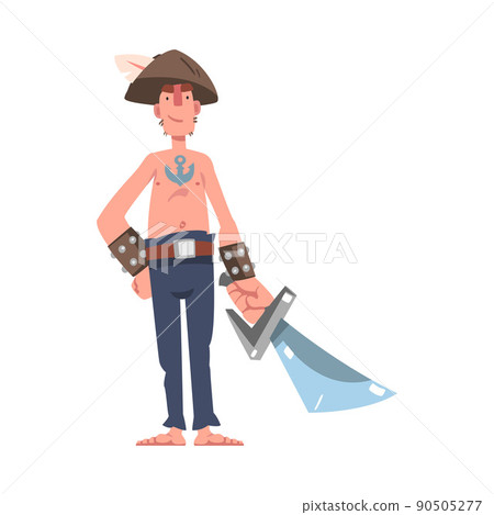 Barefoot Pirate or Buccaneer with Sharp Saber Standing and Smiling Vector Illustration 90505277