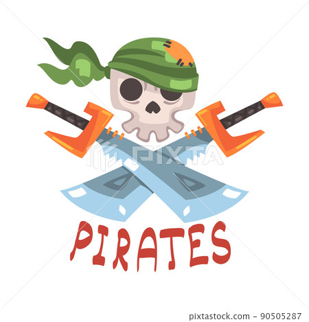 Pirate Skull in Bandana with Crossed Saber and Inscription Vector Illustration 90505287