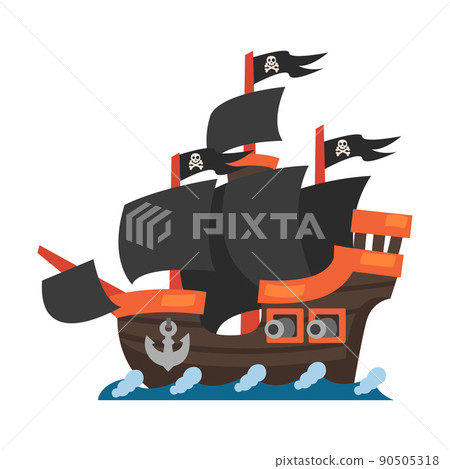 Pirate Ship or Caravel with Black Sail and Flying Flags with Skull and Crossbones Vector Illustration 90505318
