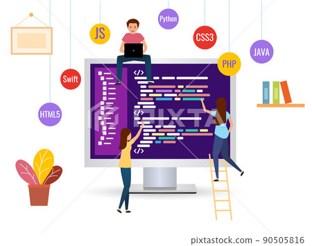 Team writes code programming for a game, app or... - Stock Illustration ...