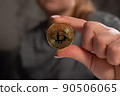 Close-up hand of woman investor showing, holding gold Bitcoin Cryptocurrency. 90506065