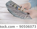 Close-up of a woman in gloves holding a stack of one hundred dollar bills. 90506073