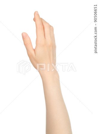 Woman hand shows virtual touching, on white background Woman hand shows virtual touching, on white background 90506651