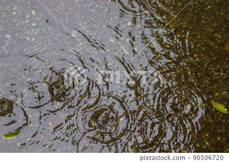 雨滴落下並形成漣漪的水坑 90506720