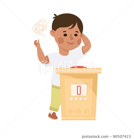 Little Boy Playing Quiz Game or Mind Sport Standing at Press Button Answering Question Vector Illustration 90507423
