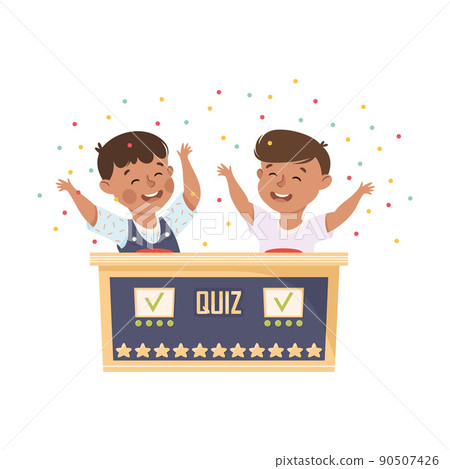 Little Boy Winning Quiz Game or Mind Sport Standing at Press Button and Cheering Vector Illustration 90507426