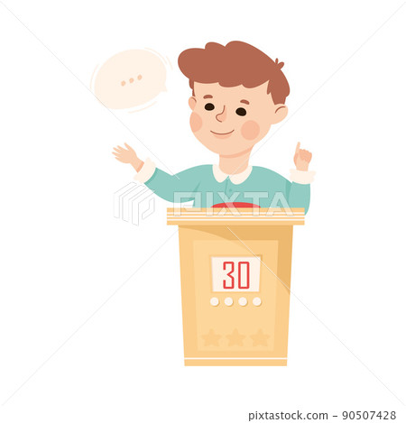 Little Boy Playing Quiz Game or Mind Sport Standing at Press Button Answering Question Vector Illustration Little Boy Playing Quiz Game or Mind Sport Standing at Press Button Answering Question Vector Illustration 90507428