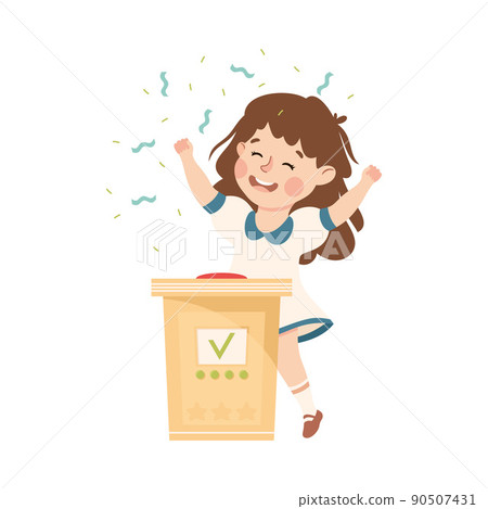Little Girl Winning Quiz Game or Mind Sport Standing at Press Button and Cheering Vector Illustration Little Girl Winning Quiz Game or Mind Sport Standing at Press Button and Cheering Vector Illustration 90507431