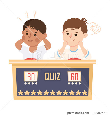 Little Boy Playing Quiz Game or Mind Sport Standing at Press Button Answering Question Vector Illustration 90507432