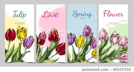 Tulips bouquet on spring posters or banners set, sketch vector illustration. Tulips bouquet on spring posters or banners set, sketch vector illustration. 90507438