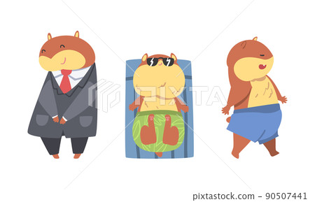 Cute Hamster Character with Stout Body Sunbathing and Wearing Office Suit Vector Set 90507441