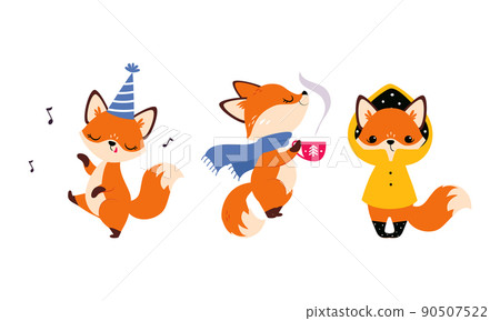 Cute Red Fox Drinking Hot Tea Warming and Singing Song Vector Set Cute Red Fox Drinking Hot Tea Warming and Singing Song Vector Set 90507522