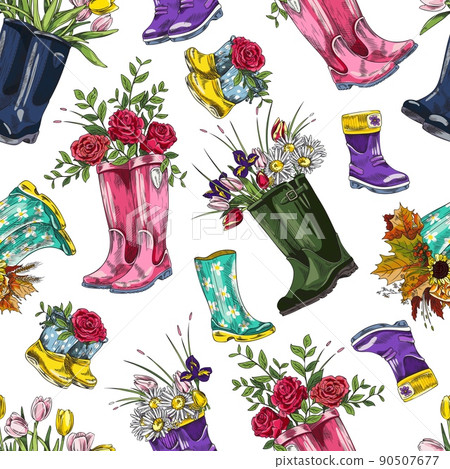 Rubber boots colorful seamless pattern, spring flowers inside shoes, sketch vector illustration on white. Rubber boots colorful seamless pattern, spring flowers inside shoes, sketch vector illustration on white. 90507677