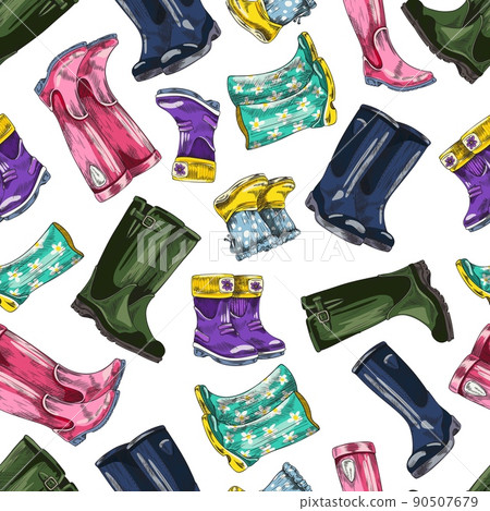 Seamless pattern with different rubber welly boots, sketch style Seamless pattern with different rubber welly boots, sketch style 90507679
