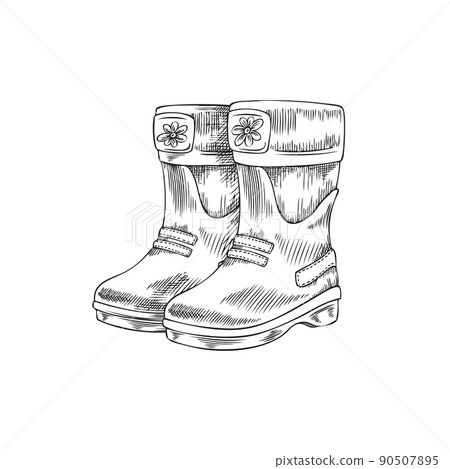 Waterproof wellington shoes for winter and autumn season, sketch vector isolated. Waterproof wellington shoes for winter and autumn season, sketch vector isolated. 90507895
